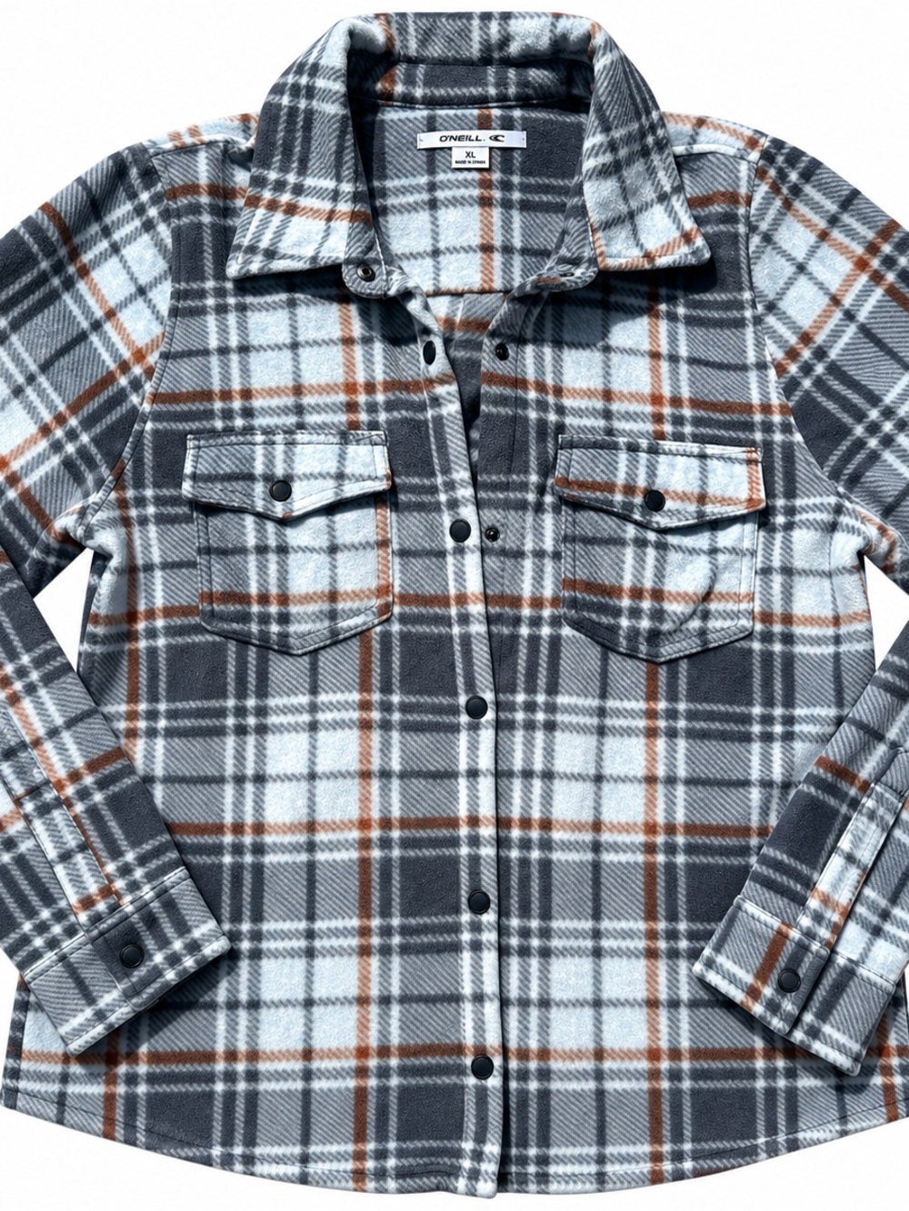 O’Neill Men’s XL Plaid Fleece Shacket Gray Brown Snap Front Shirt Jacket